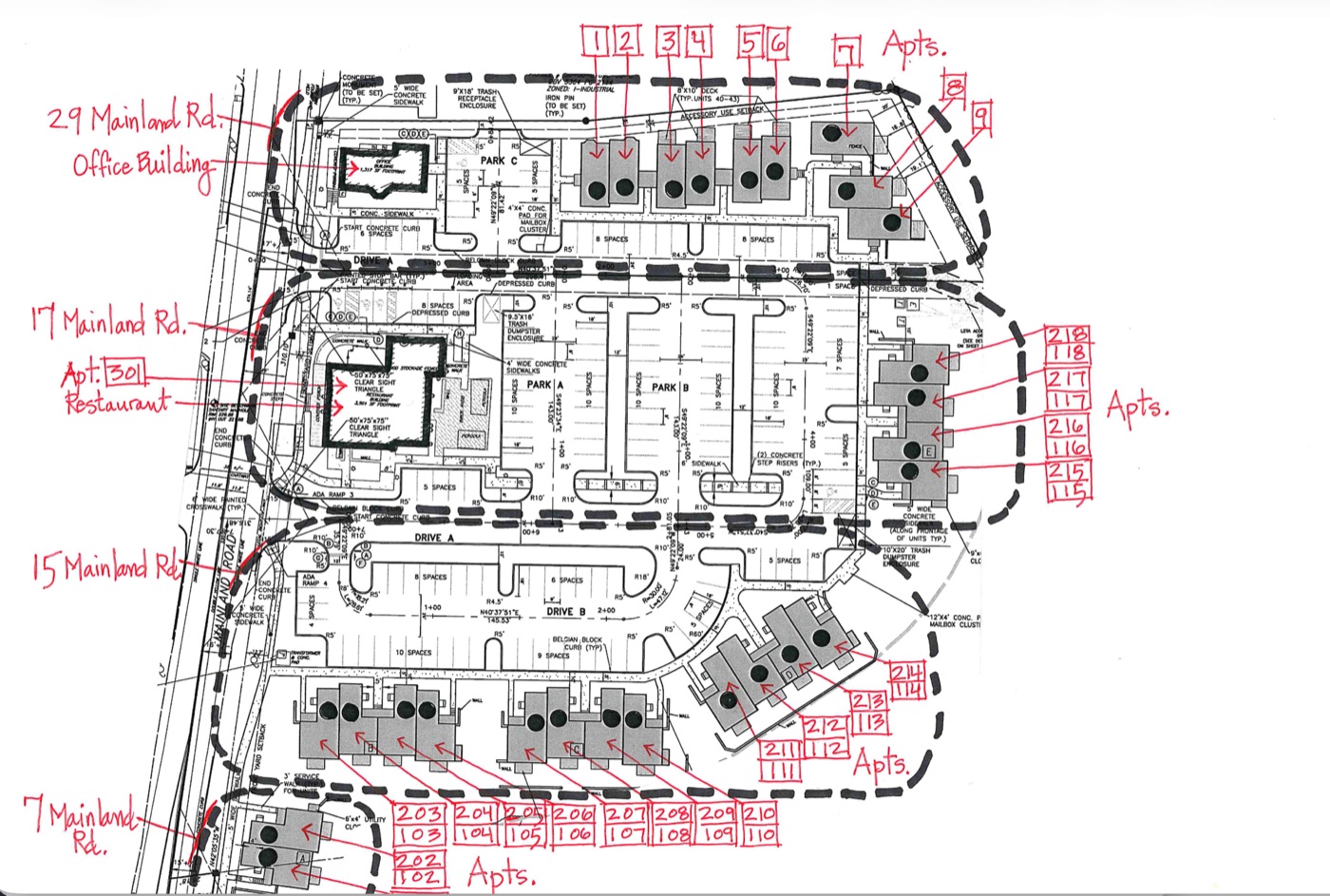 Hand-annotated site plan for a new Mainland Road apartment development showing 50+ unit numbers on streets that don't exist in any geocoder yet