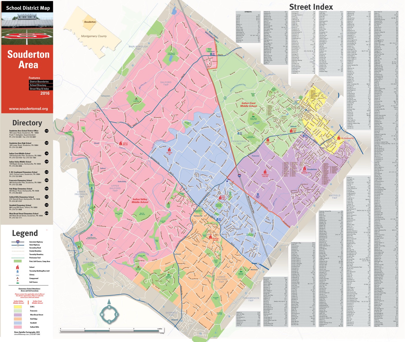 Souderton Area School District printed wall map with legend, school directory, and street index
