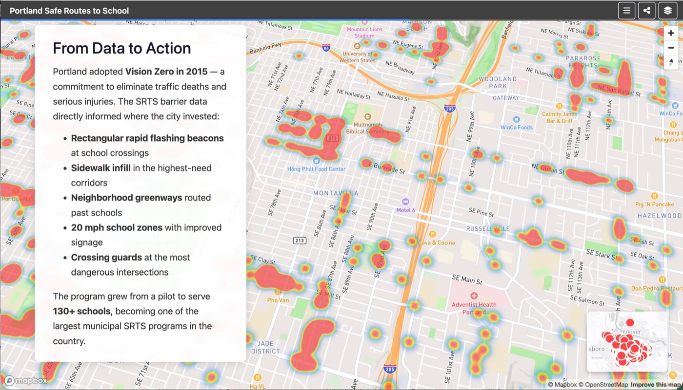 Portland Safe Routes to School barrier heatmap — hazards mapped across the city, used to inform Vision Zero infrastructure investments.